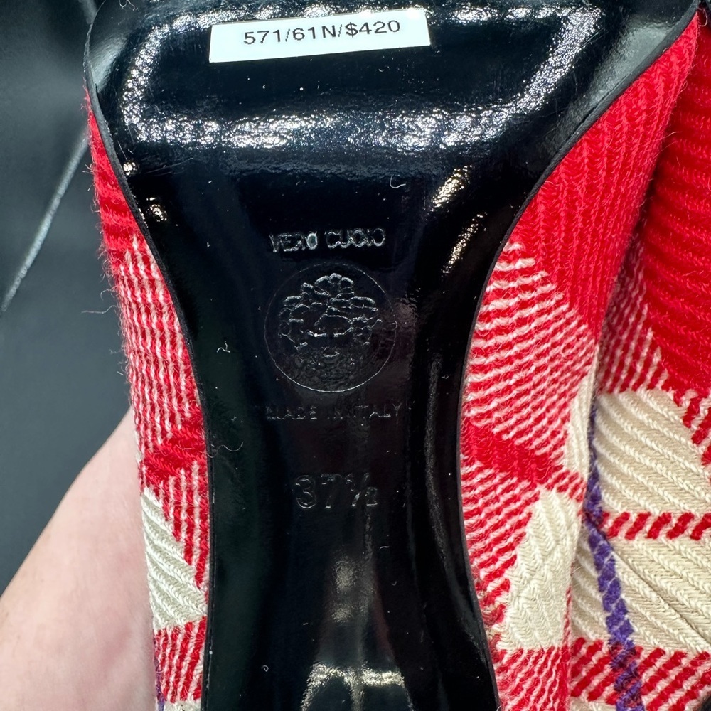Versace Plaid Check Fabric Pointed Toe Pumps Size 37.5 Metallic Heel Italy - Picture 6 of 7